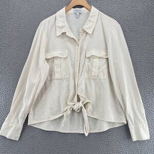 Sofia Vergara Top Womens Large Ivory Linen Blend Button Up Tie Crop Long Sleeve